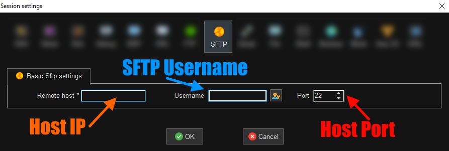 MobaXTerm New Session form configured for SFTP